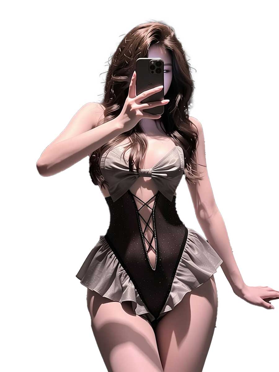 Lace Teddy Lingerie - Костюм горничной с рюшами в черно-сером