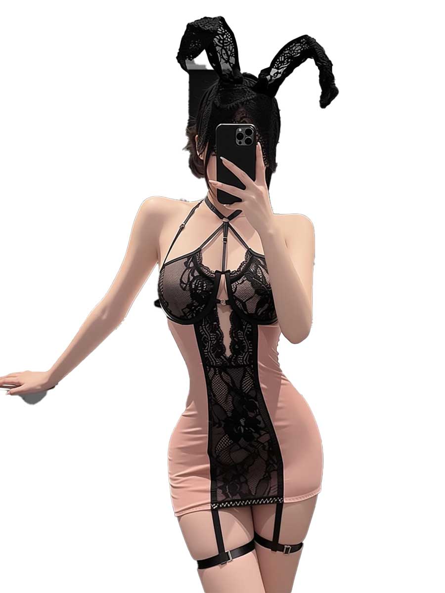 Lace Teddy Lingerie - Jimiko. Розовое и черное кружевное облегающее